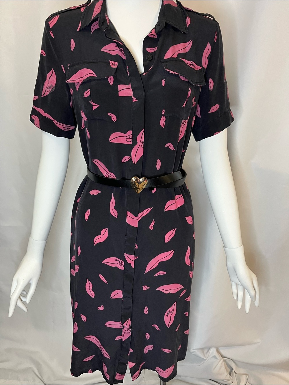 Black & Pink Lip-Print Shirt Dress